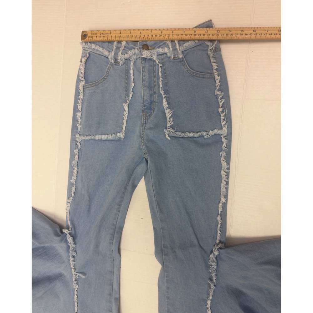 Unbranded Ruffle Flare Jeans Womens 28 Light Blue Frayed Avant Garde Boho Chic - Picture 6 of 9
